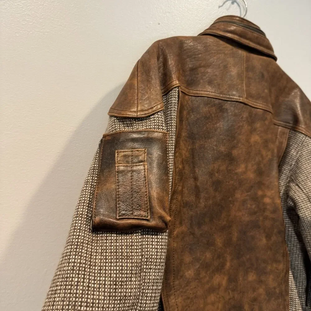 Vintage Mario Zarelli Leather Jacket Distressed Wool Bomber Brown Mens 38 Medium